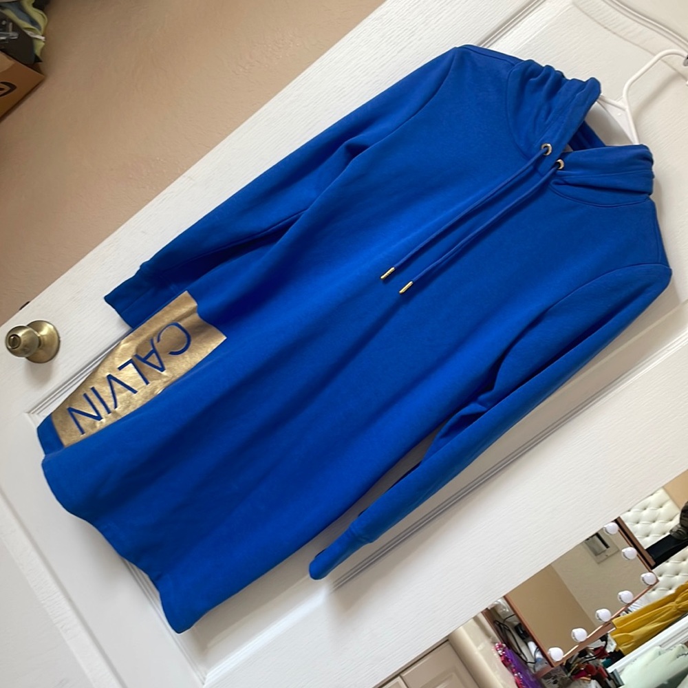 Blue sweater dress. Calvin Klein.